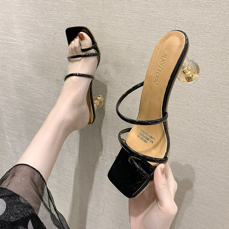 Large Size Korean Style Square Toe Thin Strap Gourd Heel High Heel Sandals Women's Shoes