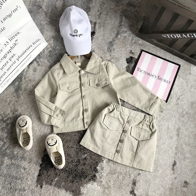 Two-piece Cotton Denim Jacket And Short Skirt For Little Girls