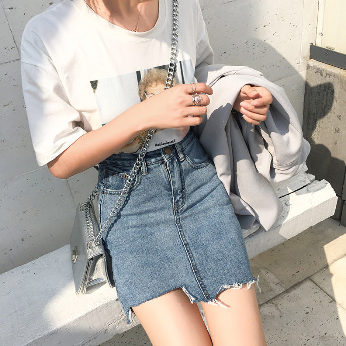 New Women's Wear Frayed High Waist Denim Skirt