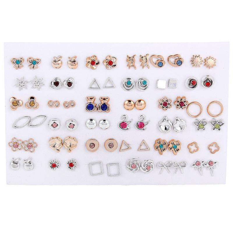 Cross-Border Hot-Selling Fashion Korean Plastic Stud Earrings Set Golden Silver Geometric Pattern Bow Stud Earrings