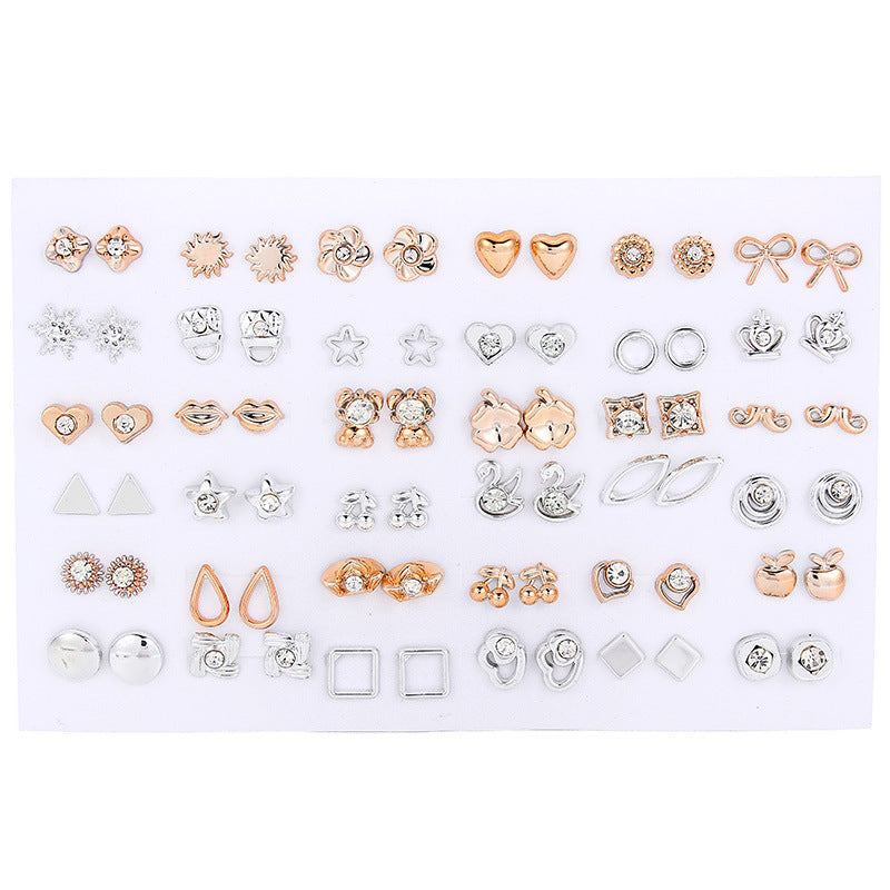 Cross-Border Hot-Selling Fashion Korean Plastic Stud Earrings Set Golden Silver Geometric Pattern Bow Stud Earrings