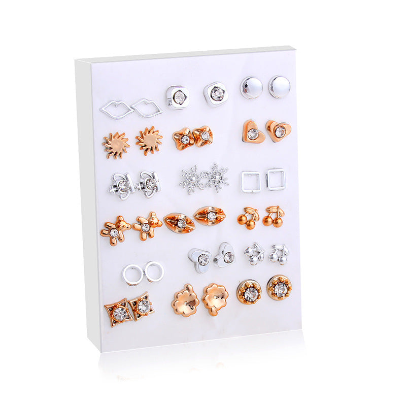 Cross-Border Hot-Selling Fashion Korean Plastic Stud Earrings Set Golden Silver Geometric Pattern Bow Stud Earrings