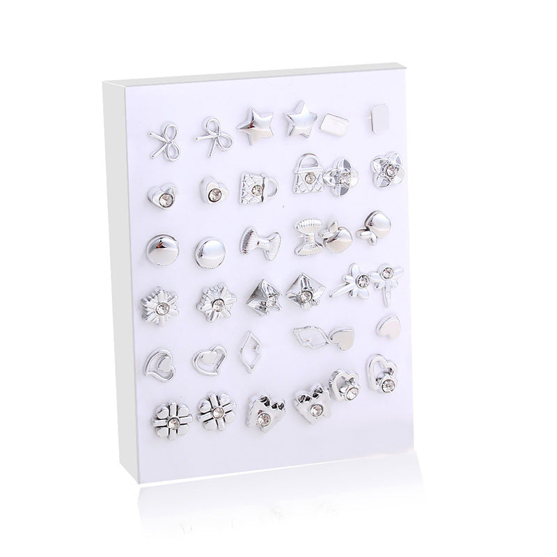 Cross-Border Hot-Selling Fashion Korean Plastic Stud Earrings Set Golden Silver Geometric Pattern Bow Stud Earrings