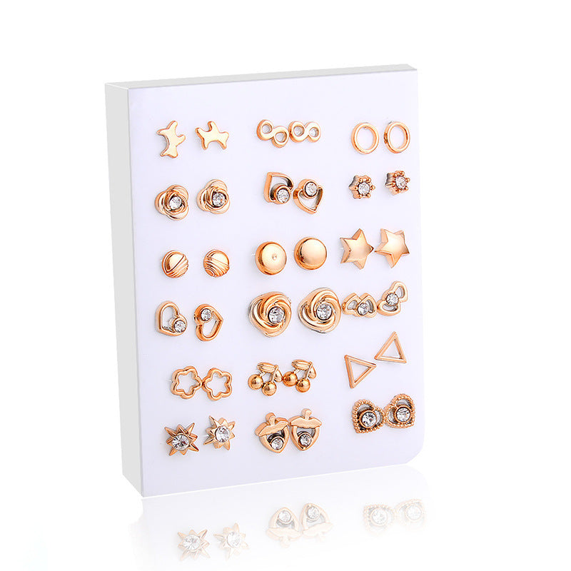 Cross-Border Hot-Selling Fashion Korean Plastic Stud Earrings Set Golden Silver Geometric Pattern Bow Stud Earrings