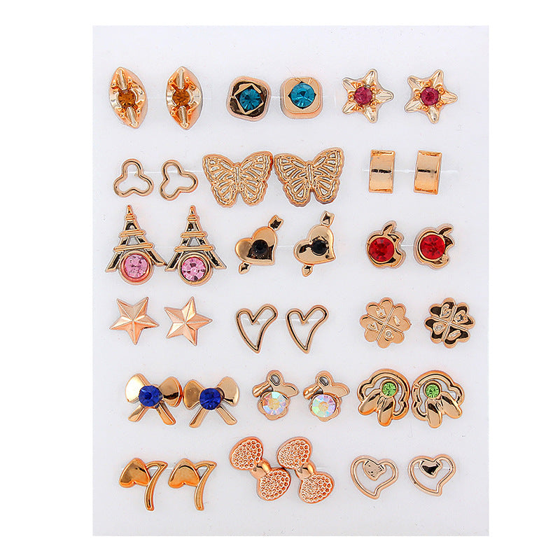Cross-Border Hot-Selling Fashion Korean Plastic Stud Earrings Set Golden Silver Geometric Pattern Bow Stud Earrings