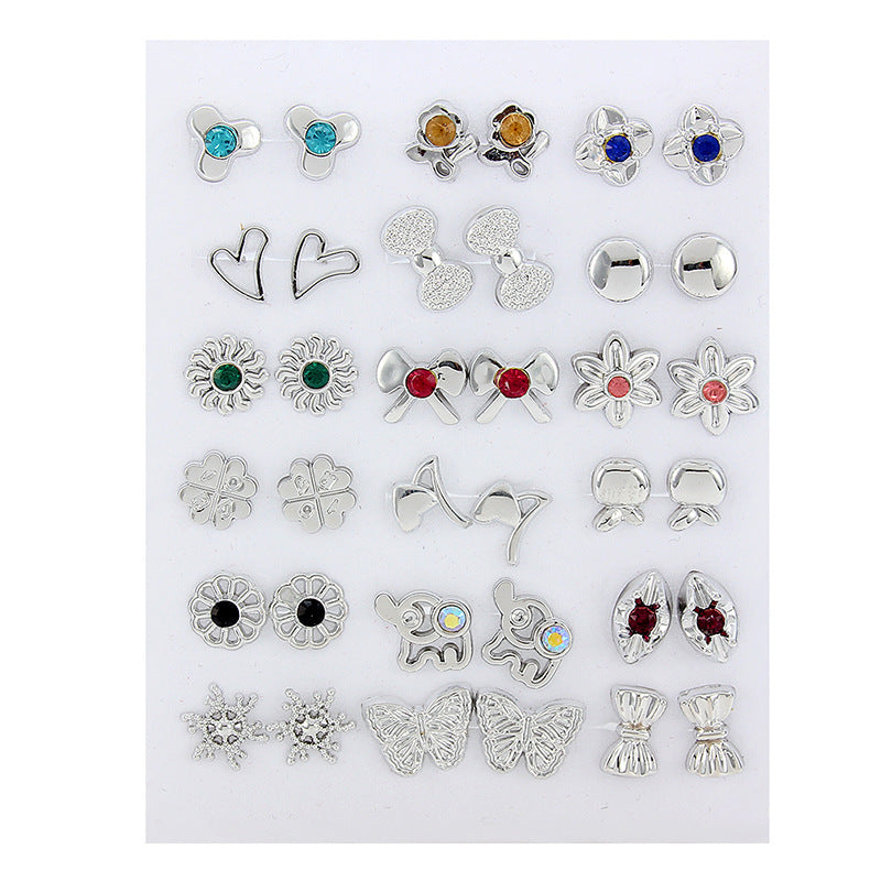 Cross-Border Hot-Selling Fashion Korean Plastic Stud Earrings Set Golden Silver Geometric Pattern Bow Stud Earrings