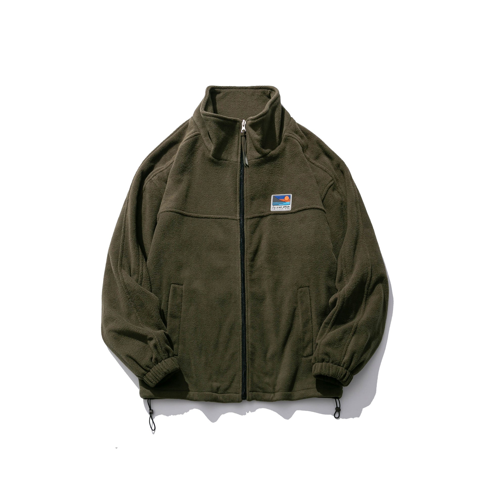 Wu Hang Straight Side Slit Pocket Autumn Casual Youth Khaki Solid Color Cardigan Stand-collar Fleece Jacket