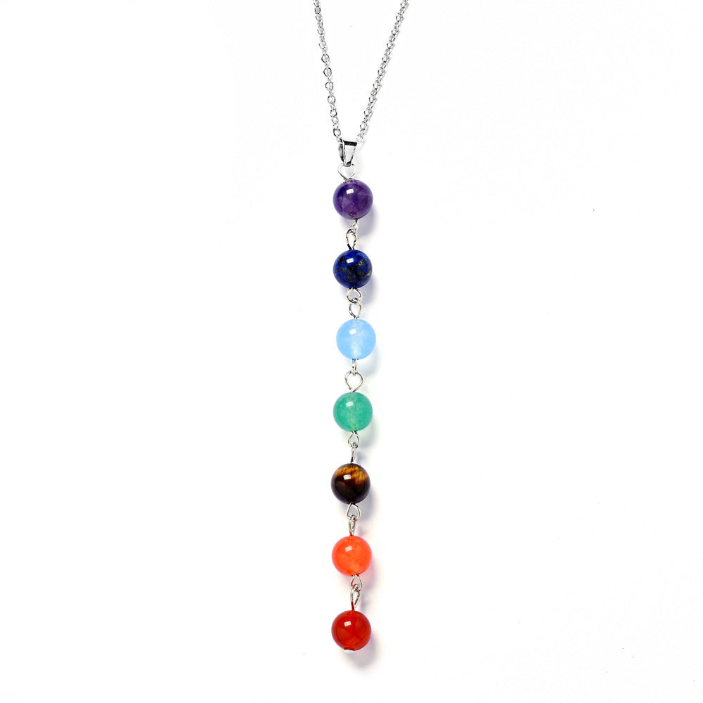 PINKSEE Colorful Natural Stone Pendant Necklace 7 Obsidian Beaded Necklace Statement Jewelry Gift