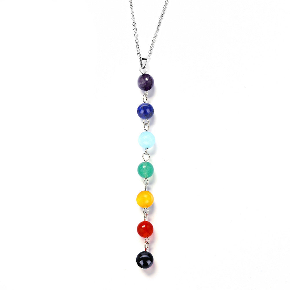 PINKSEE Colorful Natural Stone Pendant Necklace 7 Obsidian Beaded Necklace Statement Jewelry Gift