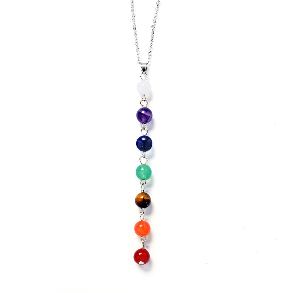 PINKSEE Colorful Natural Stone Pendant Necklace 7 Obsidian Beaded Necklace Statement Jewelry Gift