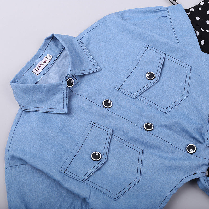 New style Sort-Sleeved Denim Jacket Western Style Polka Dot Suspender Skirt