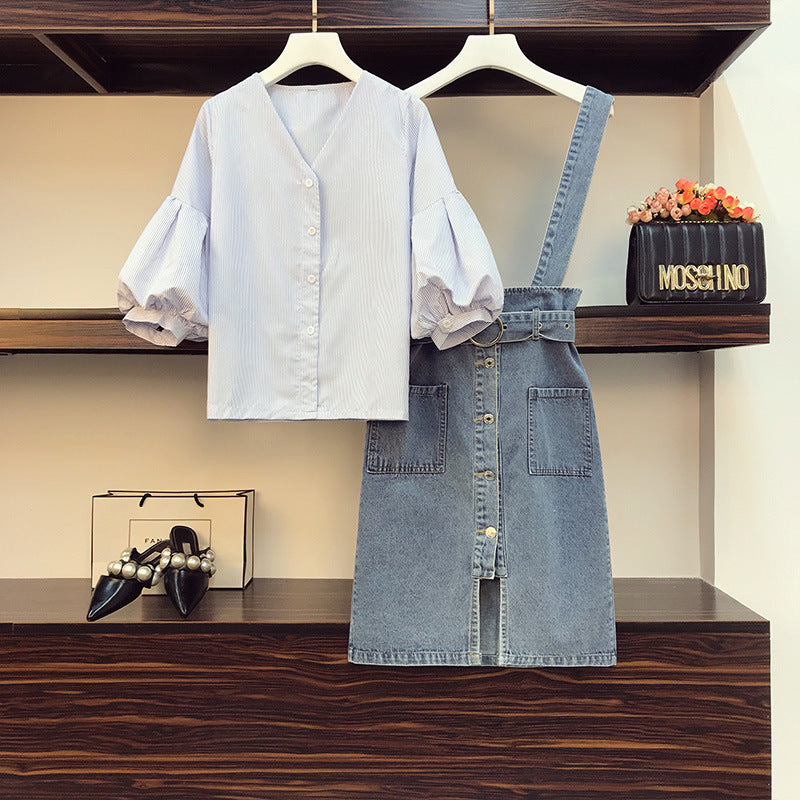 Fat Sister Plus Size women's Summer Dress New Women's age-reducing Fashion Jacket Denim Strap Skirt Two-piece Suit