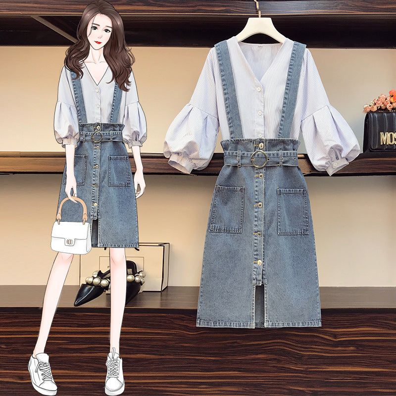Fat Sister Plus Size women's Summer Dress New Women's age-reducing Fashion Jacket Denim Strap Skirt Two-piece Suit