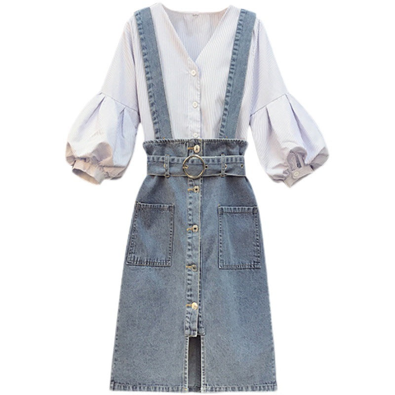 Fat Sister Plus Size women's Summer Dress New Women's age-reducing Fashion Jacket Denim Strap Skirt Two-piece Suit