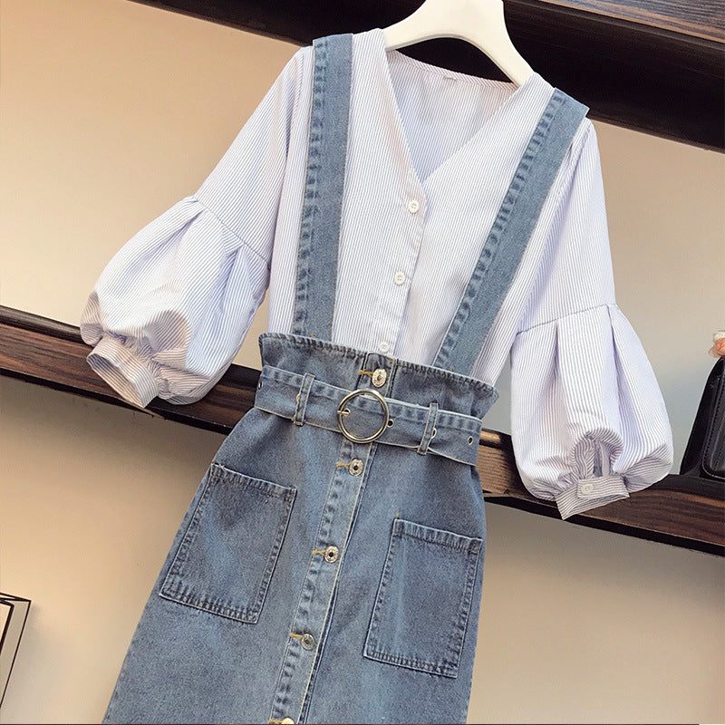 Fat Sister Plus Size women's Summer Dress New Women's age-reducing Fashion Jacket Denim Strap Skirt Two-piece Suit