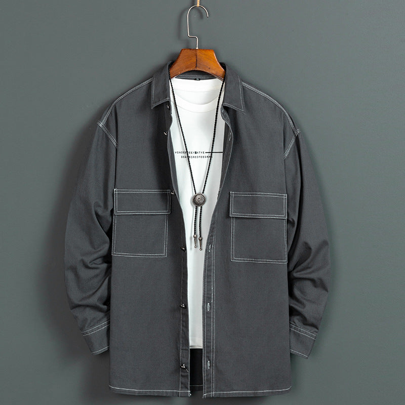 New Men's Long Sleeved Shirt Loose Shirt Solid Color All Match