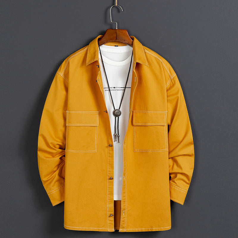 New Men's Long Sleeved Shirt Loose Shirt Solid Color All Match