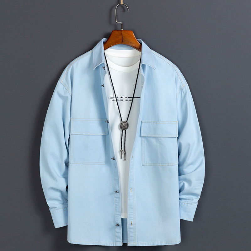 New Men's Long Sleeved Shirt Loose Shirt Solid Color All Match