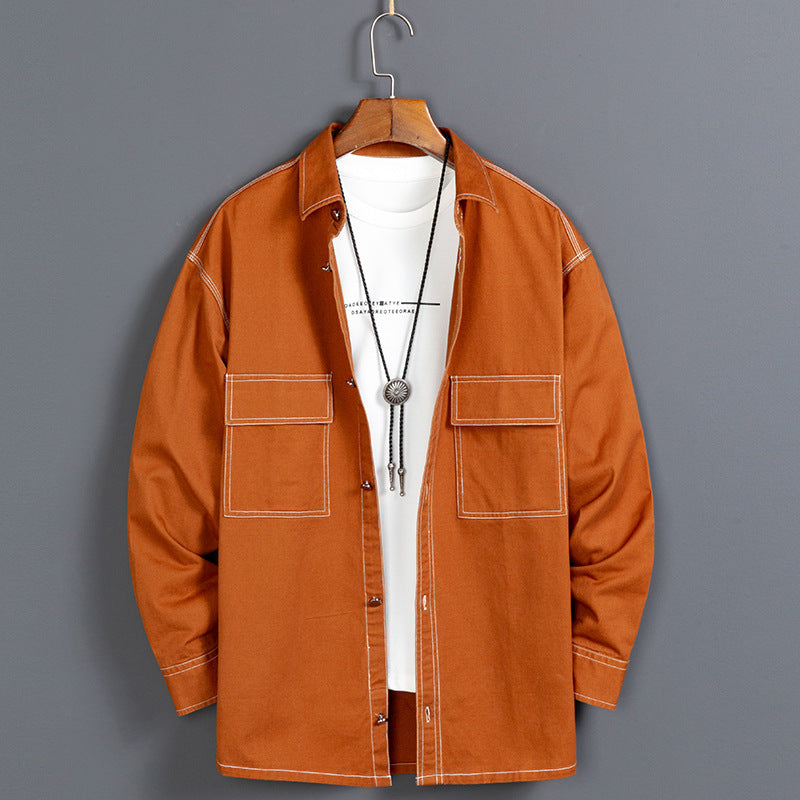 New Men's Long Sleeved Shirt Loose Shirt Solid Color All Match