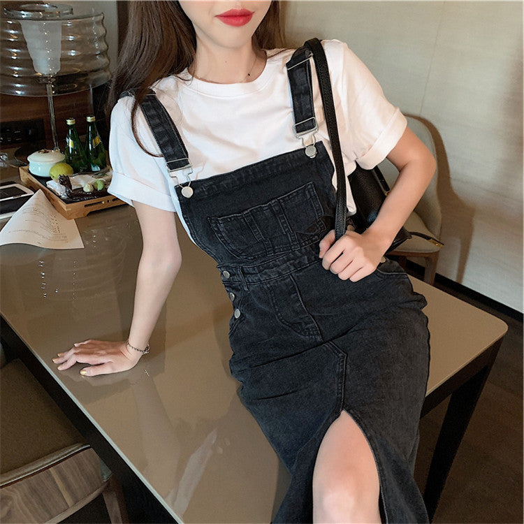 Strap Skirt Split Retro Denim Dress Women