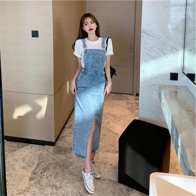 Strap Skirt Split Retro Denim Dress Women