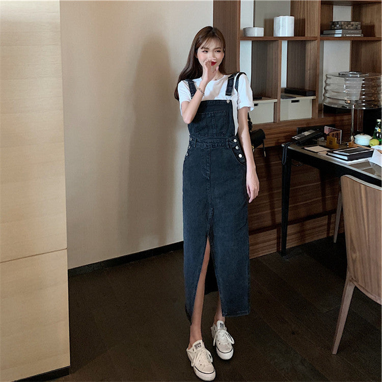 Strap Skirt Split Retro Denim Dress Women
