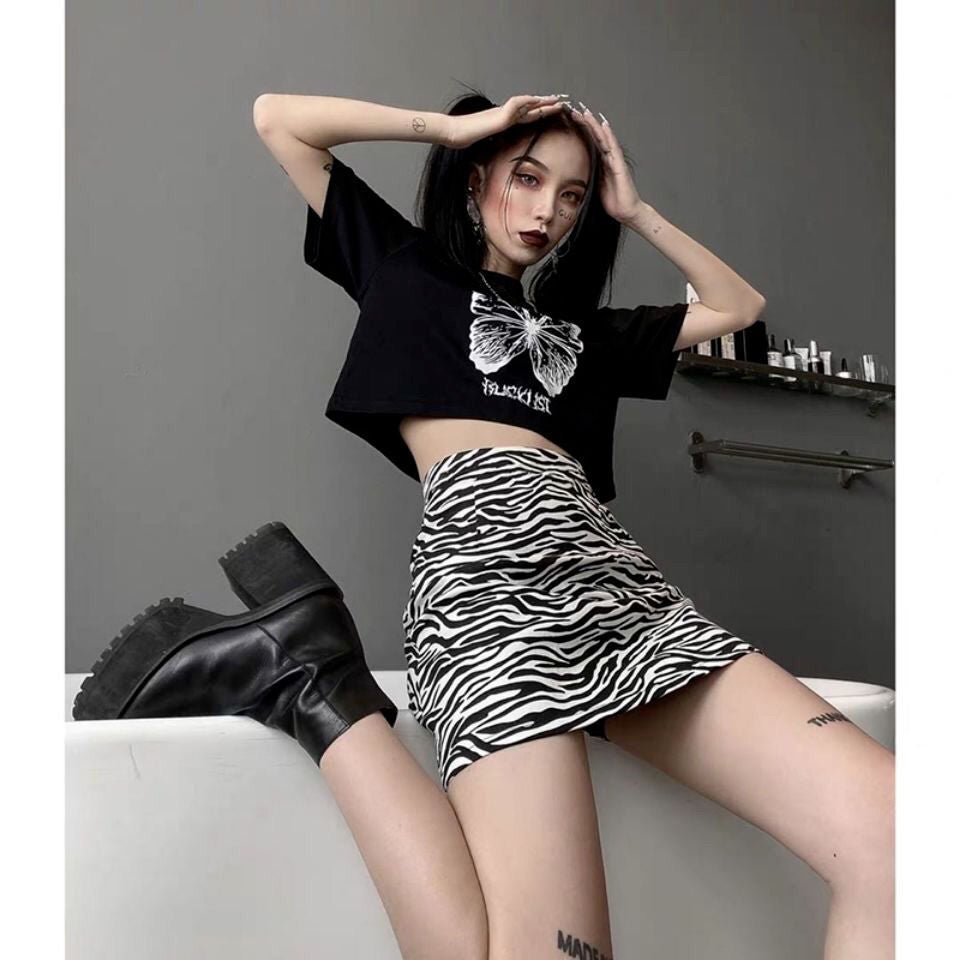 Spring Black And White Print Half-length Skirt Female