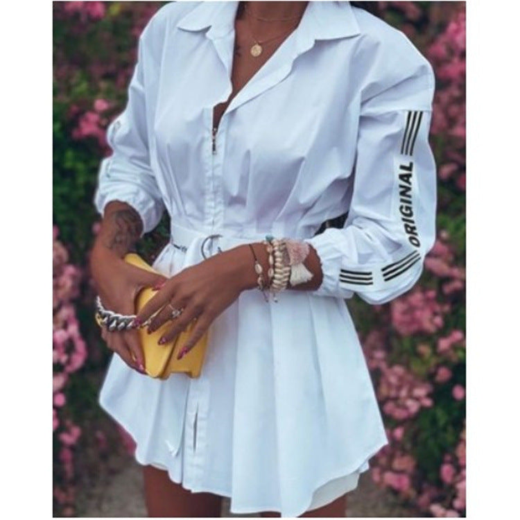 Printed Waist Tie Zipper Pleated Shirt