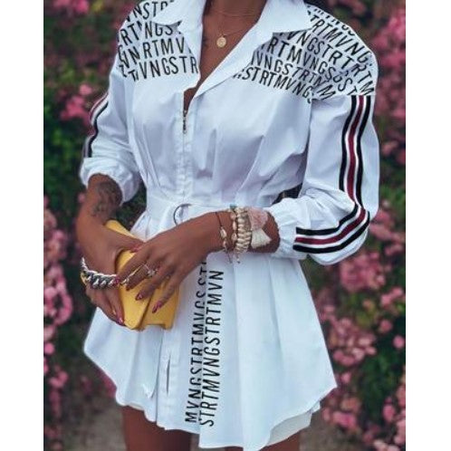 Printed Waist Tie Zipper Pleated Shirt