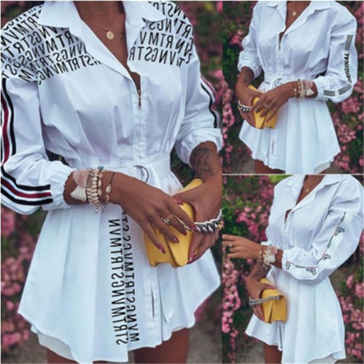Printed Waist Tie Zipper Pleated Shirt