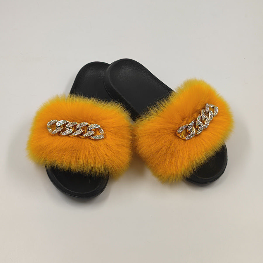Plush Chain Imitation Fox Fur Flip Flops Fashion Fur Slippers