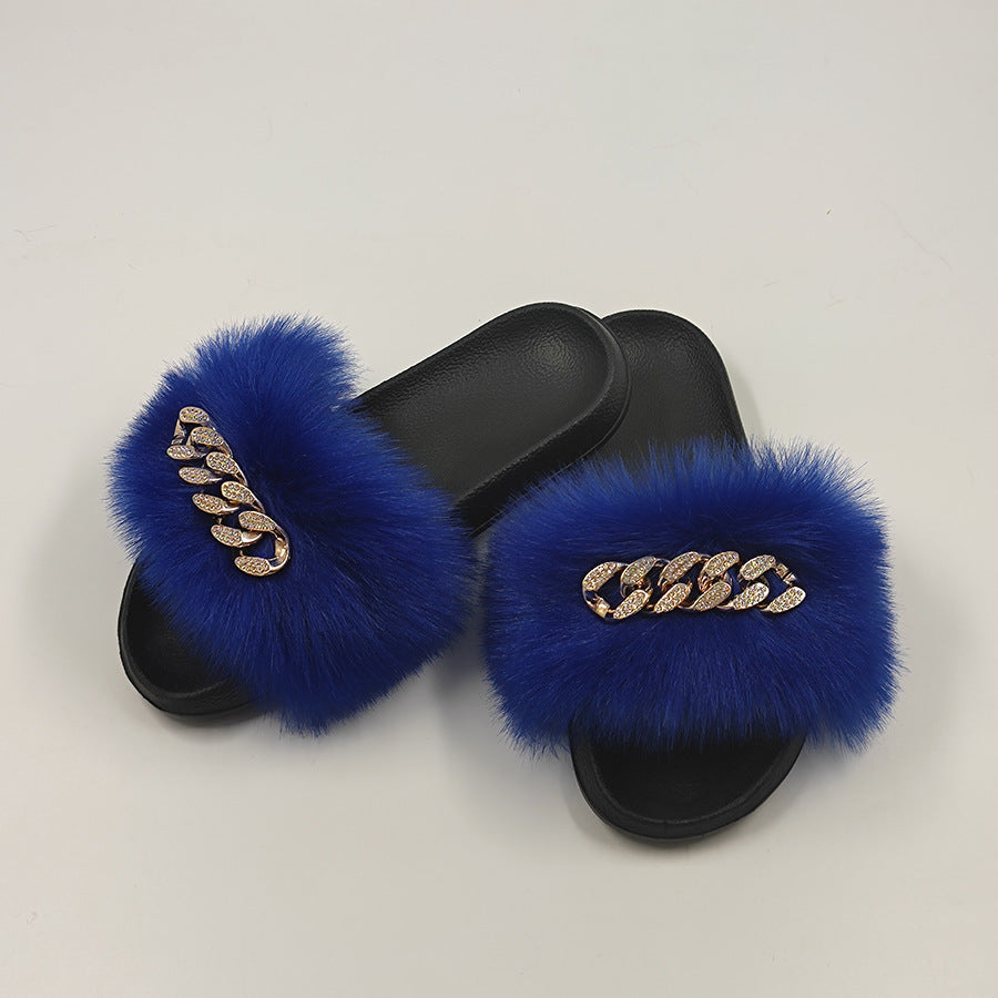 Plush Chain Imitation Fox Fur Flip Flops Fashion Fur Slippers