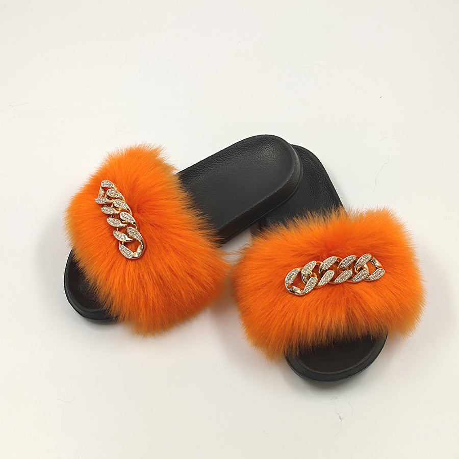 Plush Chain Imitation Fox Fur Flip Flops Fashion Fur Slippers