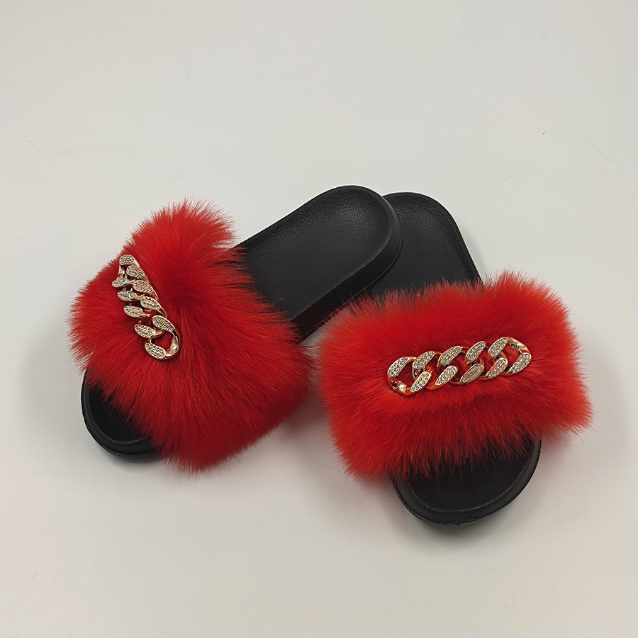 Plush Chain Imitation Fox Fur Flip Flops Fashion Fur Slippers