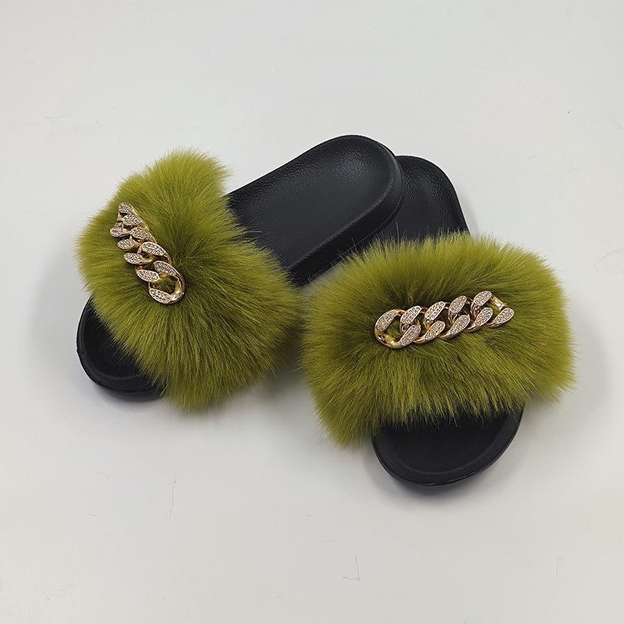 Plush Chain Imitation Fox Fur Flip Flops Fashion Fur Slippers