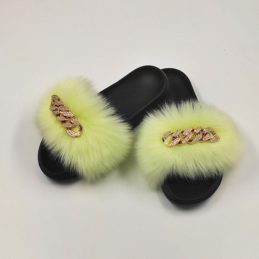 Plush Chain Imitation Fox Fur Flip Flops Fashion Fur Slippers