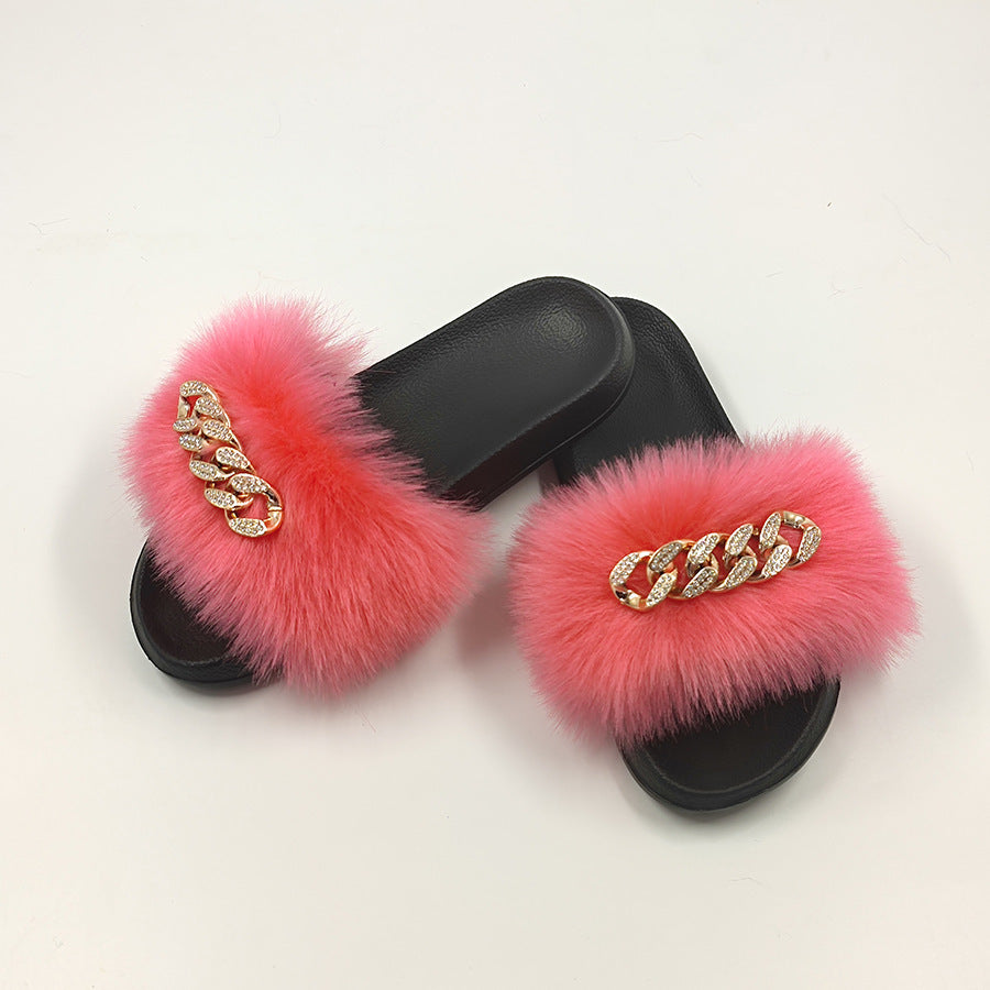 Plush Chain Imitation Fox Fur Flip Flops Fashion Fur Slippers