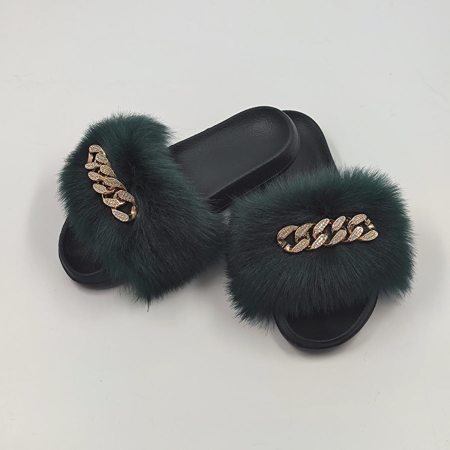 Plush Chain Imitation Fox Fur Flip Flops Fashion Fur Slippers
