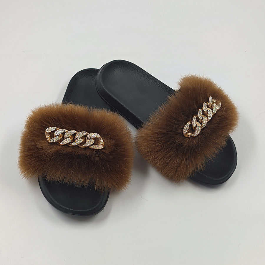Plush Chain Imitation Fox Fur Flip Flops Fashion Fur Slippers