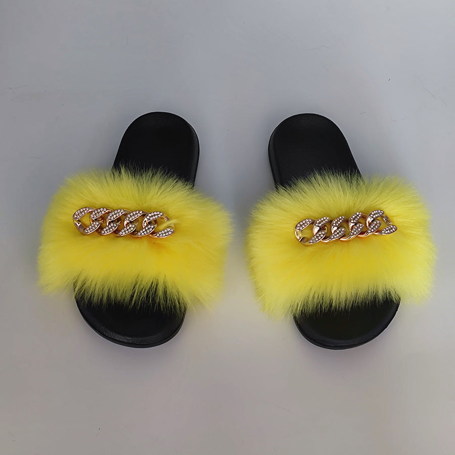 Plush Chain Imitation Fox Fur Flip Flops Fashion Fur Slippers