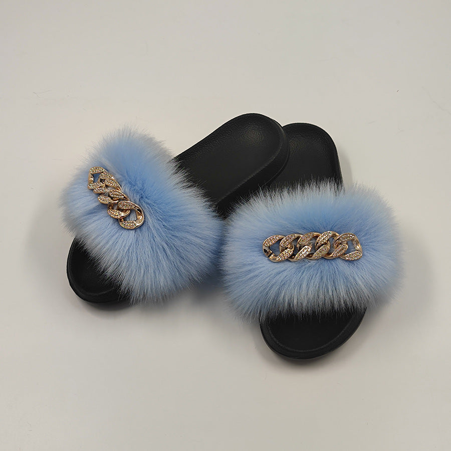 Plush Chain Imitation Fox Fur Flip Flops Fashion Fur Slippers