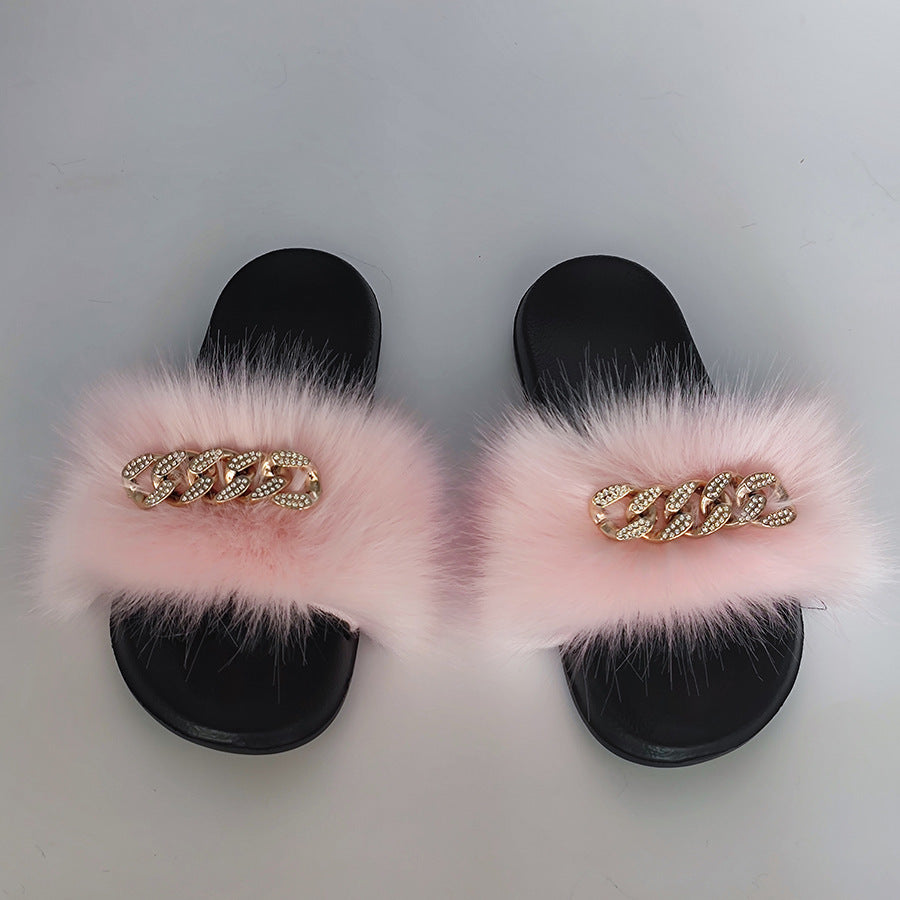 Plush Chain Imitation Fox Fur Flip Flops Fashion Fur Slippers