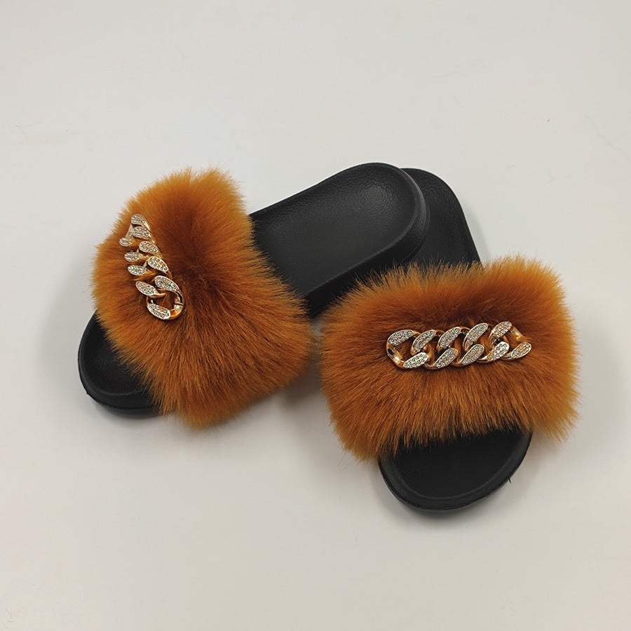 Plush Chain Imitation Fox Fur Flip Flops Fashion Fur Slippers