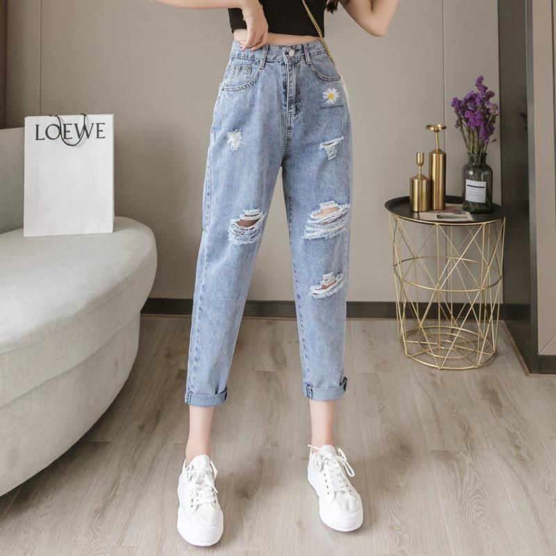 Embroidered Daisy Ripped Jeans Women Loose Cropped Trousers