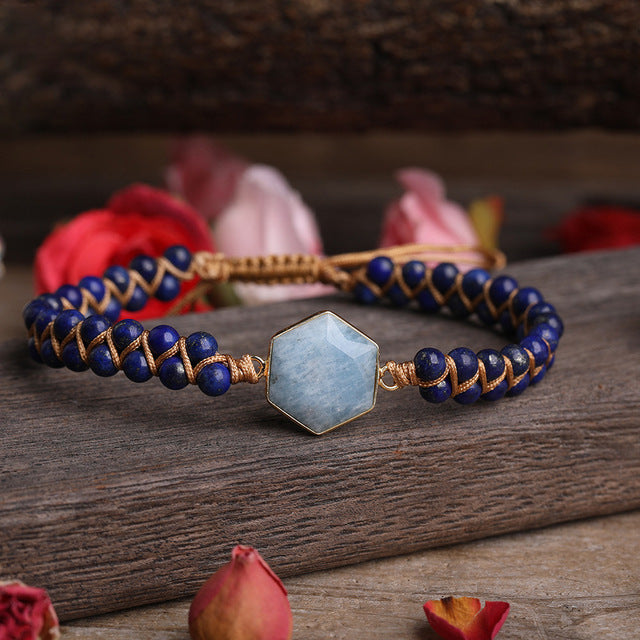 Hexagonal Polygonal Ocean Stone Rhodolite Woven Adjustable Bracelet