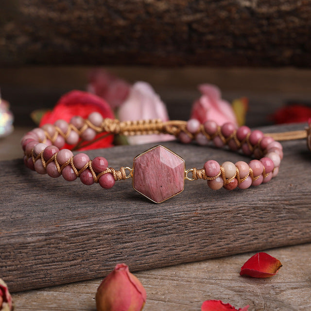 Hexagonal Polygonal Ocean Stone Rhodolite Woven Adjustable Bracelet