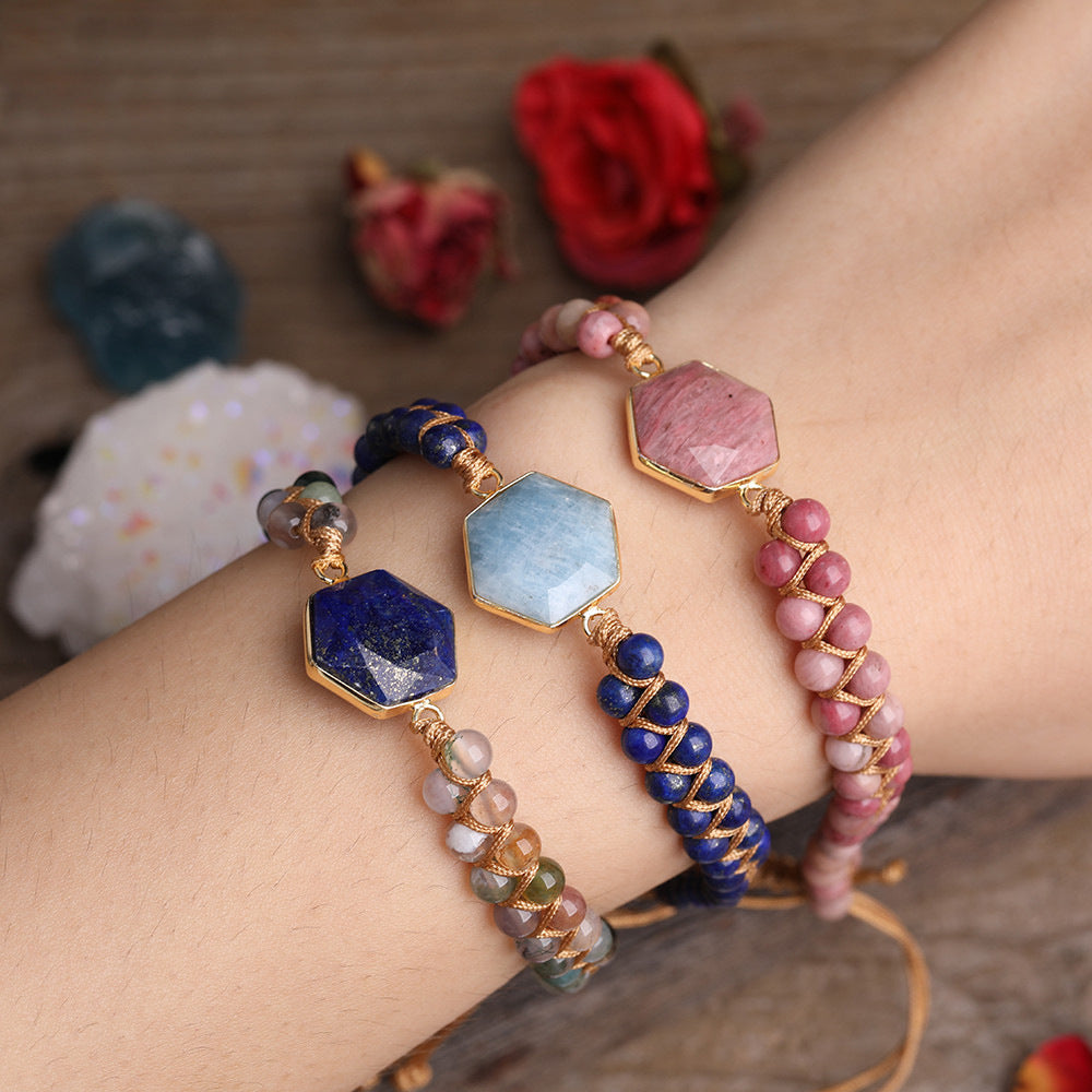 Hexagonal Polygonal Ocean Stone Rhodolite Woven Adjustable Bracelet