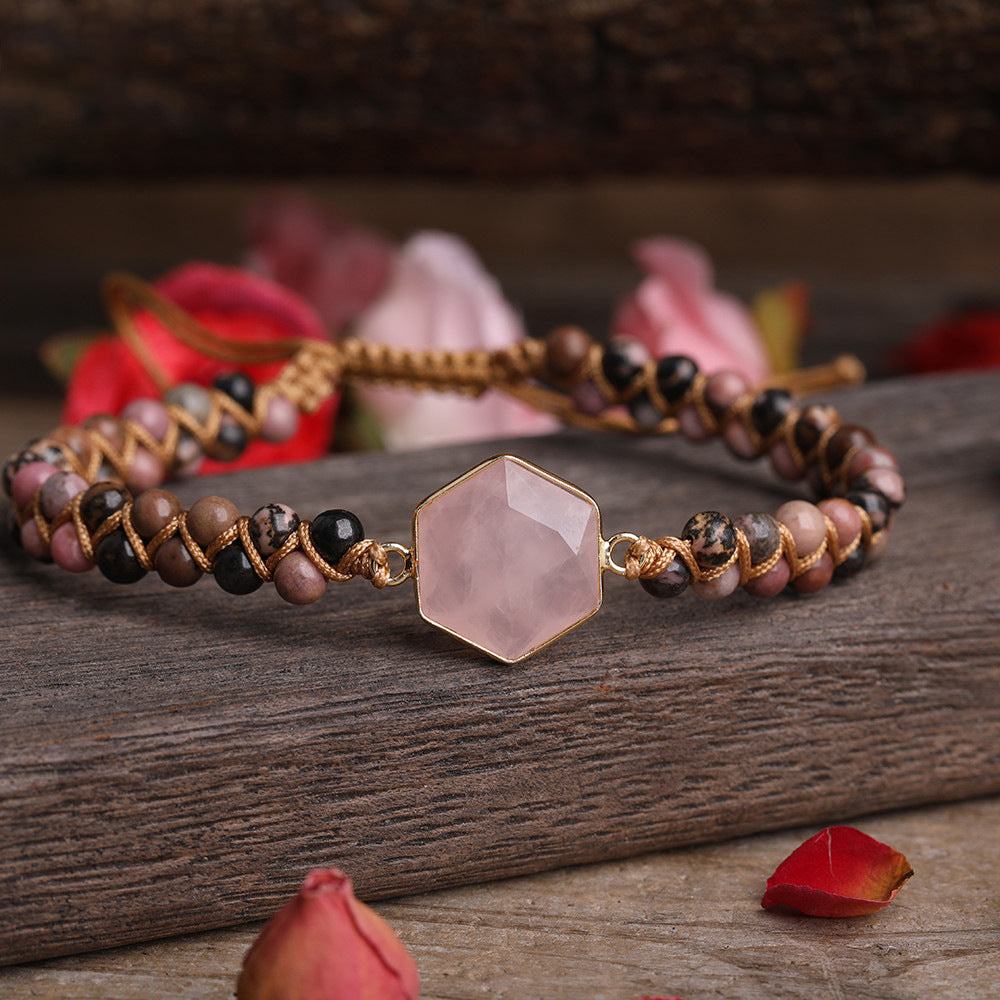 Hexagonal Polygonal Ocean Stone Rhodolite Woven Adjustable Bracelet