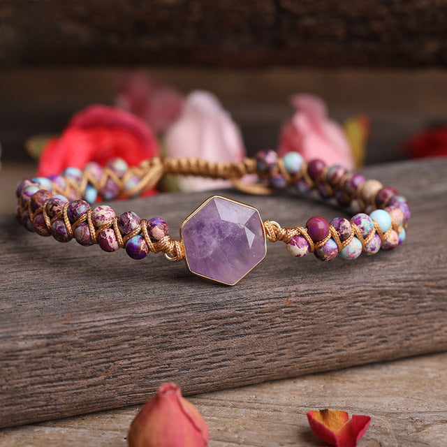 Hexagonal Polygonal Ocean Stone Rhodolite Woven Adjustable Bracelet