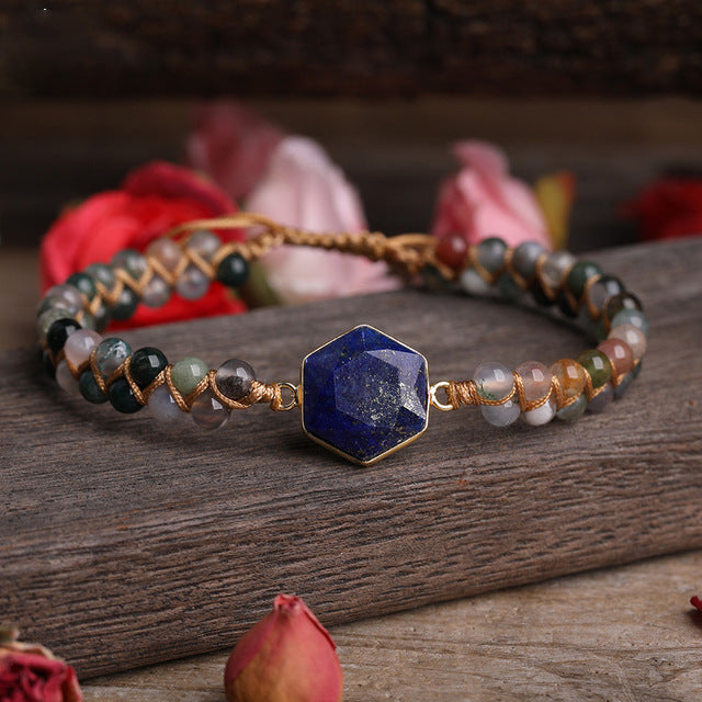Hexagonal Polygonal Ocean Stone Rhodolite Woven Adjustable Bracelet